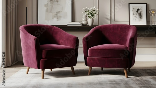 Two luxurious velvet accent armchairs in a deep burgundy color feature elegantly curved backs and sit poised on light wooden tapered legs atop a plush neutral rug in a sophisticated living space.