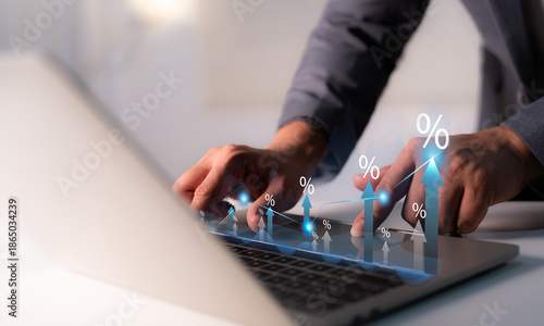 Businessman hand touching percentage graph, rate increases, Mortgage interest rate growth. Retirement, compensation fund, investment, dividend tax, stock market. representing business growth.