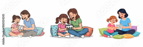 Whimsical Handdrawn Mother and Daughter Reading Book Together Illustration Set