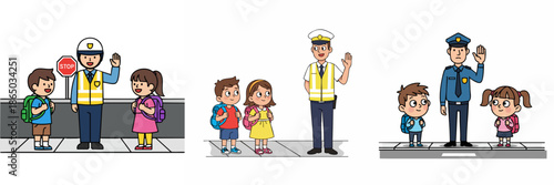 Cartoon Illustration Various Policeman Helping School Children Cross the Road