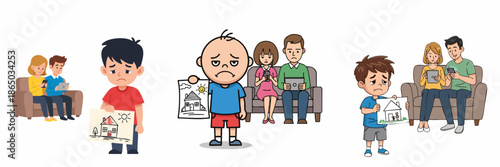 Cartoon Illustration of Ignored Kid Presenting Artwork to Uninterested Parents