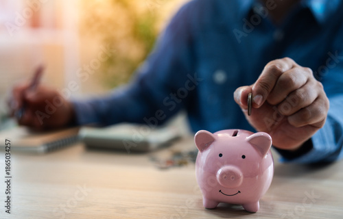 A man hand putting coins into a piggy bank for account save money. Planning step up, saving money for future plan, retirement fund. A business investment-finance accounting concept.