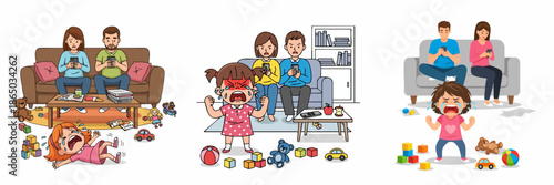 Cartoon Illustration of Ignored Crying Toddler with Gadget Addicted Parents Family
