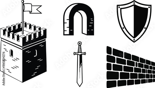 Line art medieval castle tower with flag and crenelations front view sword shield and arched gate stone wall set isolated bold graphic vector icon pack black