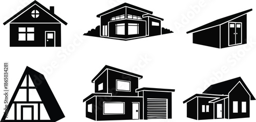 Flat design black house silhouettes set showing six residential building icons front and three quarter views including modern garage cabin a frame and shed minimal elevations