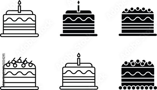 Vector icon set of celebratory birthday cakes cupcakes donuts and desserts for bakery menus and party event invitations.