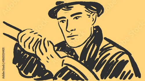 Man holding a weapon in a simple black and white vector illustration. This portrait captures a focused expression in an outdoor hunting set.