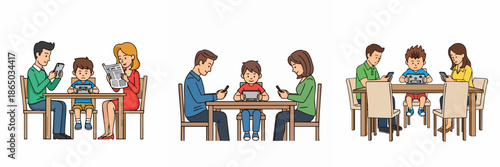Flat Illustration of Disconnected Family Ignoring Each Other During Mealtime Concept