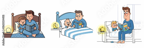 Cartoon Style Father Reads to Child Story Book Bedtime Illustration