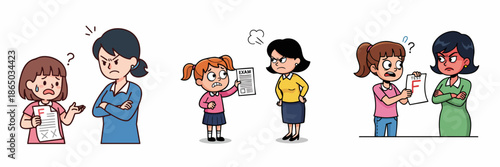 Cartoon Illustration of Angry Mother Scolding Student For Bad Grades
