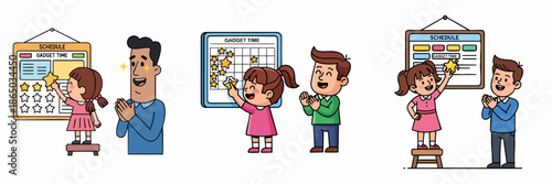 Cartoon Handdrawn Happy Family Using Reward Chart Illustration Set
