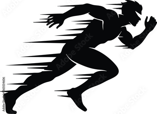 Minimalist vector silhouette side view of male sprinter in full stride with speed streaks muscular form forward lean dynamic motion high energy athletic black cutout bold