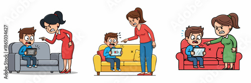 Cartoon Furious Mother Scolding Son with Tablet Illustration Set