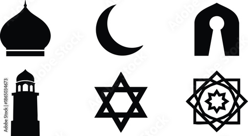 Flat design religious icon set showing mosque dome crescent minaret star of david geometric ornament simple black silhouettes isolated vector symbols frontal view for faith worship