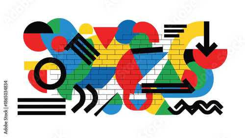 Urban mural vector illustration inspired by graffiti art with bold abstract shapes, thick outlines, and layered color blocks on brick wall background, ideal for posters, wallpapers, and modern design 