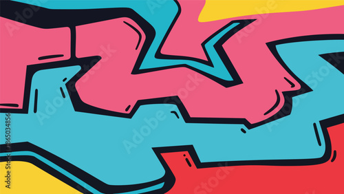 Urban mural vector illustration inspired by graffiti art with bold abstract shapes, thick outlines, and layered color blocks on brick wall background, ideal for posters, wallpapers, and modern design 