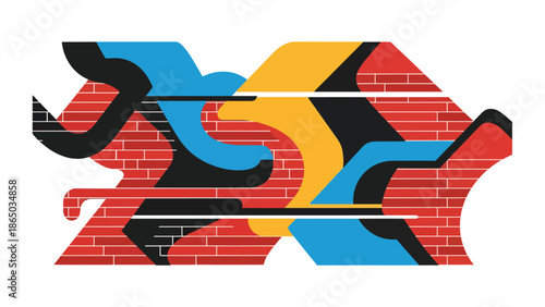 Urban mural vector illustration inspired by graffiti art with bold abstract shapes, thick outlines, and layered color blocks on brick wall background, ideal for posters, wallpapers, and modern design 