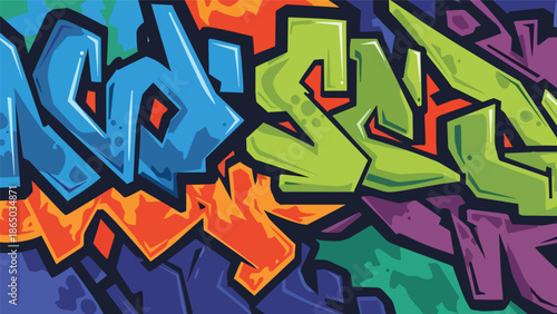 Urban mural vector illustration inspired by graffiti art with bold abstract shapes, thick outlines, and layered color blocks on brick wall background, ideal for posters, wallpapers, and modern design 