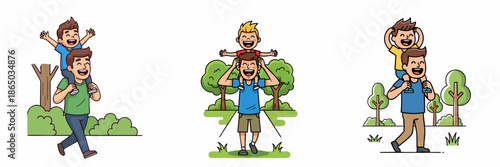 Flat Line Illustration Father and Son Bonding Time Outdoor Activity Set