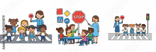 Cartoon Illustration Set of Children Learning Traffic Rules with Teacher