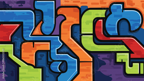 Urban mural vector illustration inspired by graffiti art with bold abstract shapes, thick outlines, and layered color blocks on brick wall background, ideal for posters, wallpapers, and modern design 