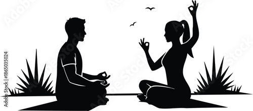 Silhouette vector side view man and woman meditating cross legged on mats facing each other with relaxed hands mudra outdoors minimal calm low angle sunrise peaceful