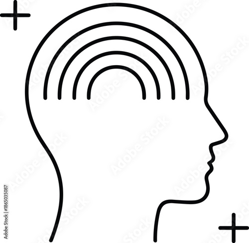 Minimalist human head profile with brain wave arches icon for mental health awareness cognitive growth and psychological development.