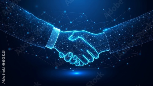 Futuristic business partnership digital handshake concept