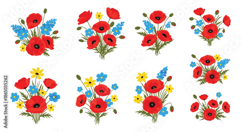Collection of beautiful wildflower bouquets with vibrant red poppies and other colorful blue and yellow field flowers in various arrangements.