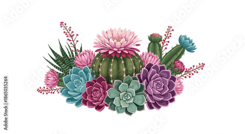 Lush and colorful composition of desert plants, including blooming cacti and a variety of vibrant purple, blue, and green succulents.