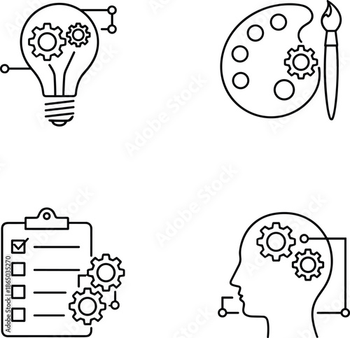 Thin line vector icon set with lightbulb brain gears artist palette checklist and human profile for creative process.