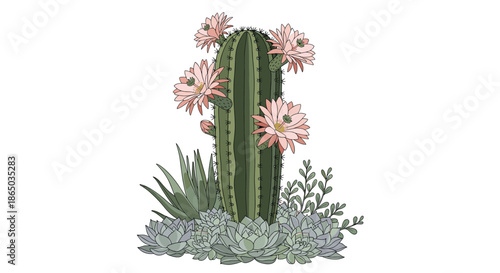 Hand-drawn botanical composition of a tall saguaro cactus blooming with pink flowers, nestled among various green succulent plants.
