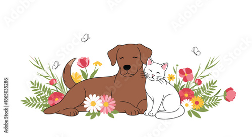 Heartwarming illustration of a friendly brown dog and a happy white cat cuddling together in a field of colorful spring flowers.