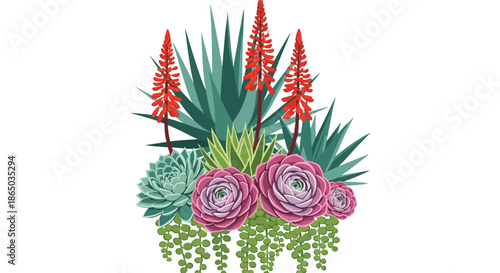 Vibrant botanical arrangement featuring blooming red aloe vera, purple echeveria succulents, and cascading string of pearls plants.