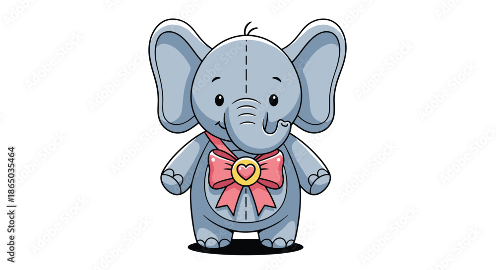 Obraz premium Adorable stuffed toy baby elephant character with big ears and a cute pink ribbon bow, illustrated in a charming cartoon style.