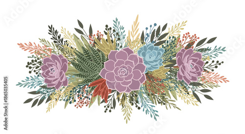 Lush and elegant bouquet of various succulents and foliage in soft, earthy tones of purple, blue, green, and terracotta.