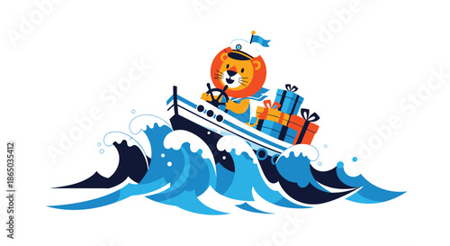 A brave lion sailor character at the helm of a ship, navigating through big ocean waves with a stack of gift boxes.