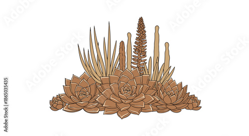 Monochrome botanical illustration of a diverse succulent and cactus arrangement in warm sepia tones, rendered in a detailed line art style.