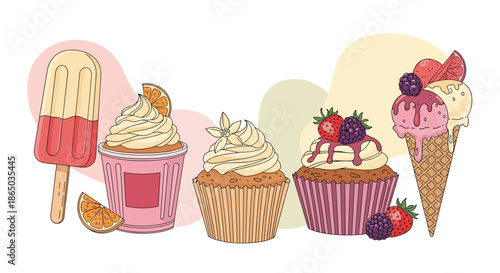 Charming hand-drawn illustration of various sweet summer desserts including ice cream, cupcakes, and a popsicle with fresh fruit toppings.
