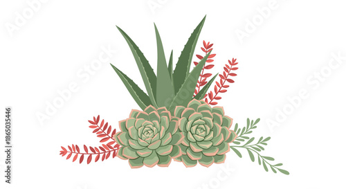 Beautiful botanical composition of green echeveria succulents, aloe vera, and delicate red leafy branches on a clean white background.