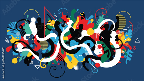 Urban mural vector illustration combining abstract human silhouettes with bold shapes and lines, graffiti-inspired street art style ideal for cultural posters, wallpapers, and creative branding visual