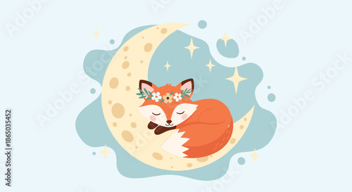 Sweet baby fox with a flower crown sleeping peacefully on a crescent moon under twinkling stars in a dreamy night sky illustration.