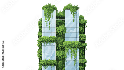 Modern building facade covered in lush green plants and vines, representing vertical gardens, sustainable architecture, and urban greening initiatives.