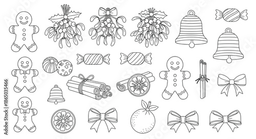 Large collection of Christmas and winter holiday icons in a black and white outline style for coloring, scrapbooking, or design.