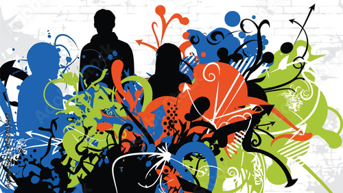 Urban mural vector illustration combining abstract human silhouettes with bold shapes and lines, graffiti-inspired street art style ideal for cultural posters, wallpapers, and creative branding visual