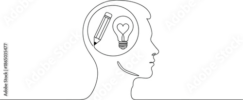 One line art human head profile with pencil and heart lightbulb icon representing creative passion and innovative brainstorming.