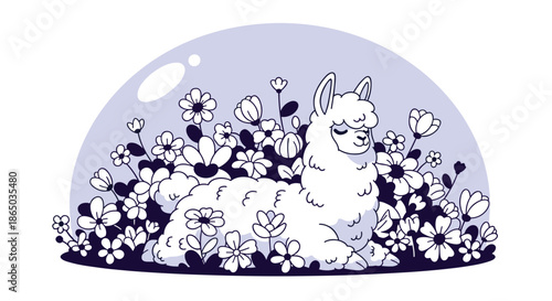 Serene illustration of a fluffy white llama resting peacefully in a meadow of flowers, rendered in a calming monochromatic palette.