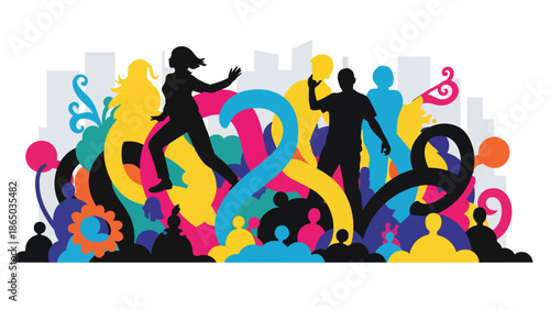 Urban mural vector illustration combining abstract human silhouettes with bold shapes and lines, graffiti-inspired street art style ideal for cultural posters, wallpapers, and creative branding visual