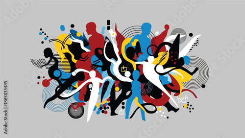 Urban mural vector illustration combining abstract human silhouettes with bold shapes and lines, graffiti-inspired street art style ideal for cultural posters, wallpapers, and creative branding visual