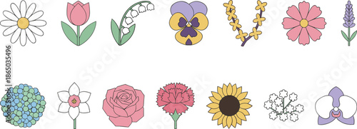 Beautiful collection of colorful spring and summer flower icons including daisy, tulip, rose, sunflower, orchid, lavender and hydrangea art.
